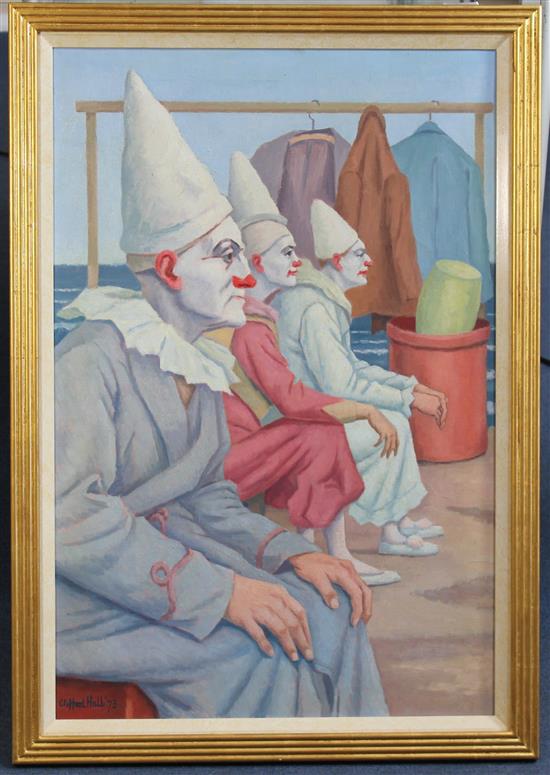 § Clifford Hall (1904-1973) Clowns waiting to go on, 30 x 20in.